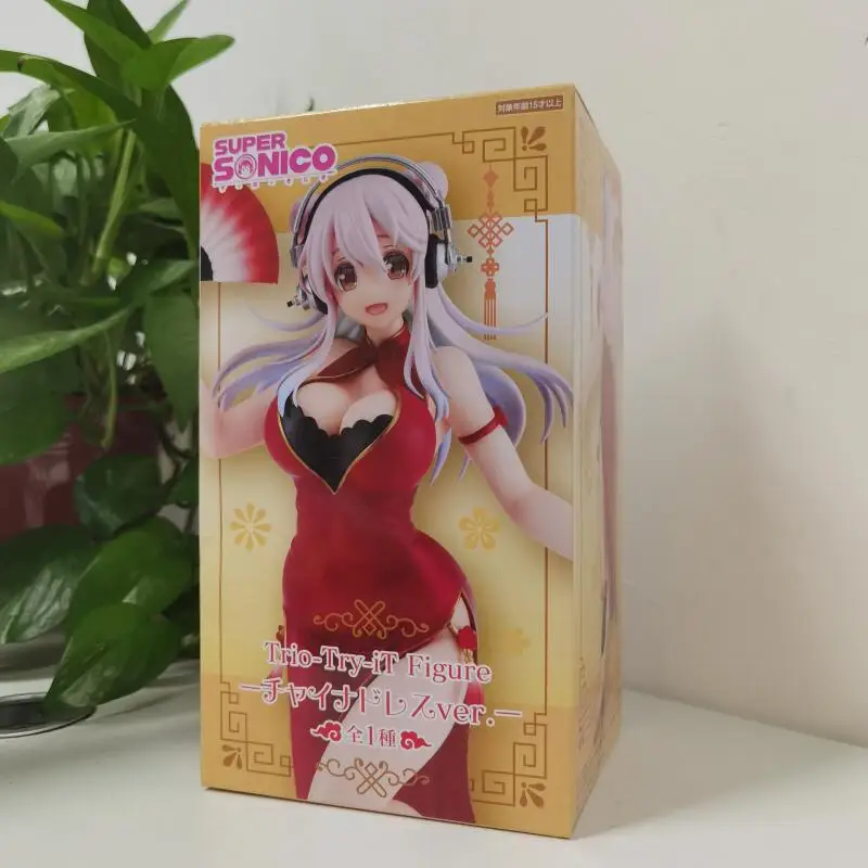 Figura genuina de Furyu Super Sonico Trio Try It, vestido rojo de China, versión en Stock, figura de Anime Original, modelo coleccionista, figurita de juguete