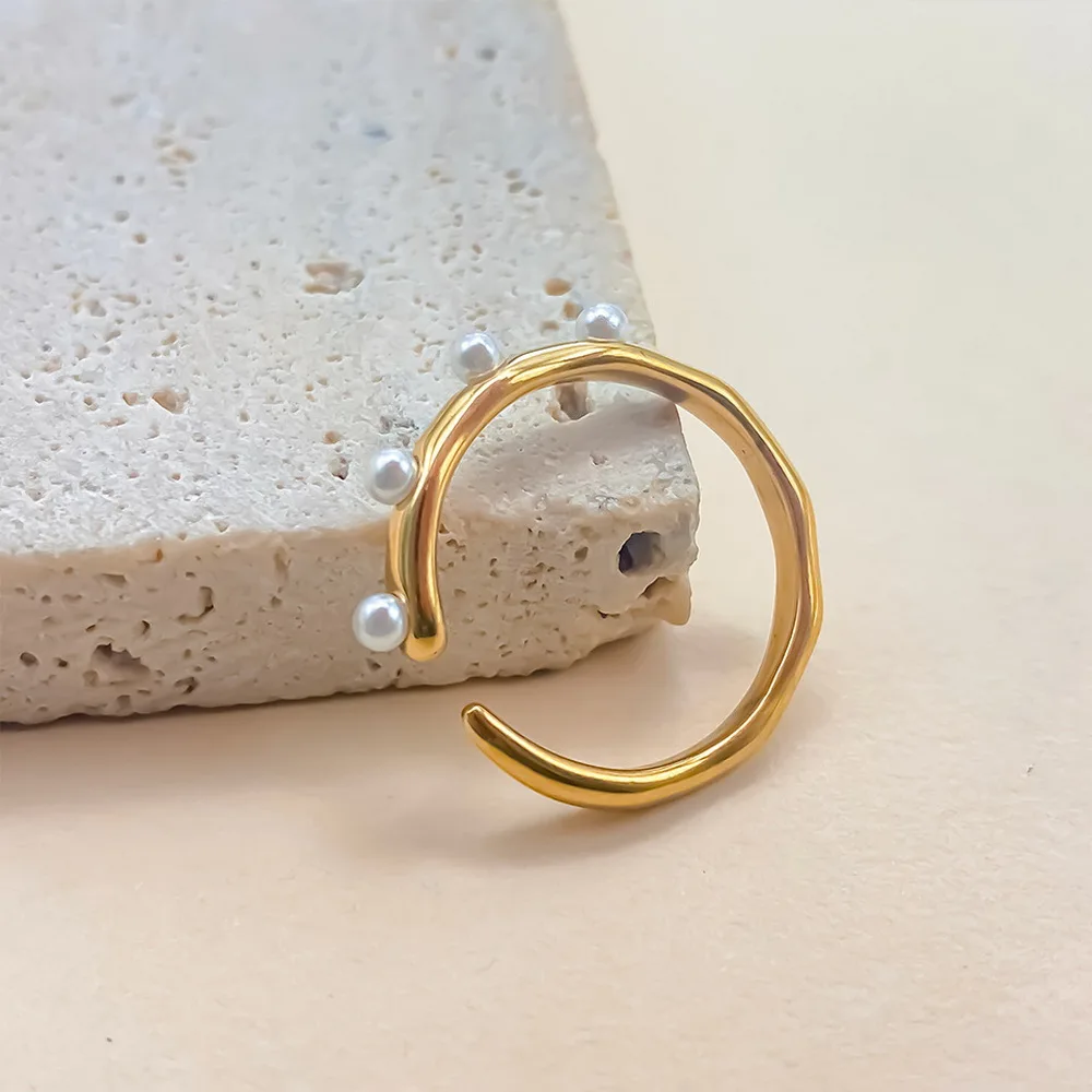 Französisches Vintage-Perlenring-Set für Damen, 14K vergoldeter Barock-Perlenring, gedrehte, klobige Statement-Fingerringe, Schmuckgeschenk – Detail 12