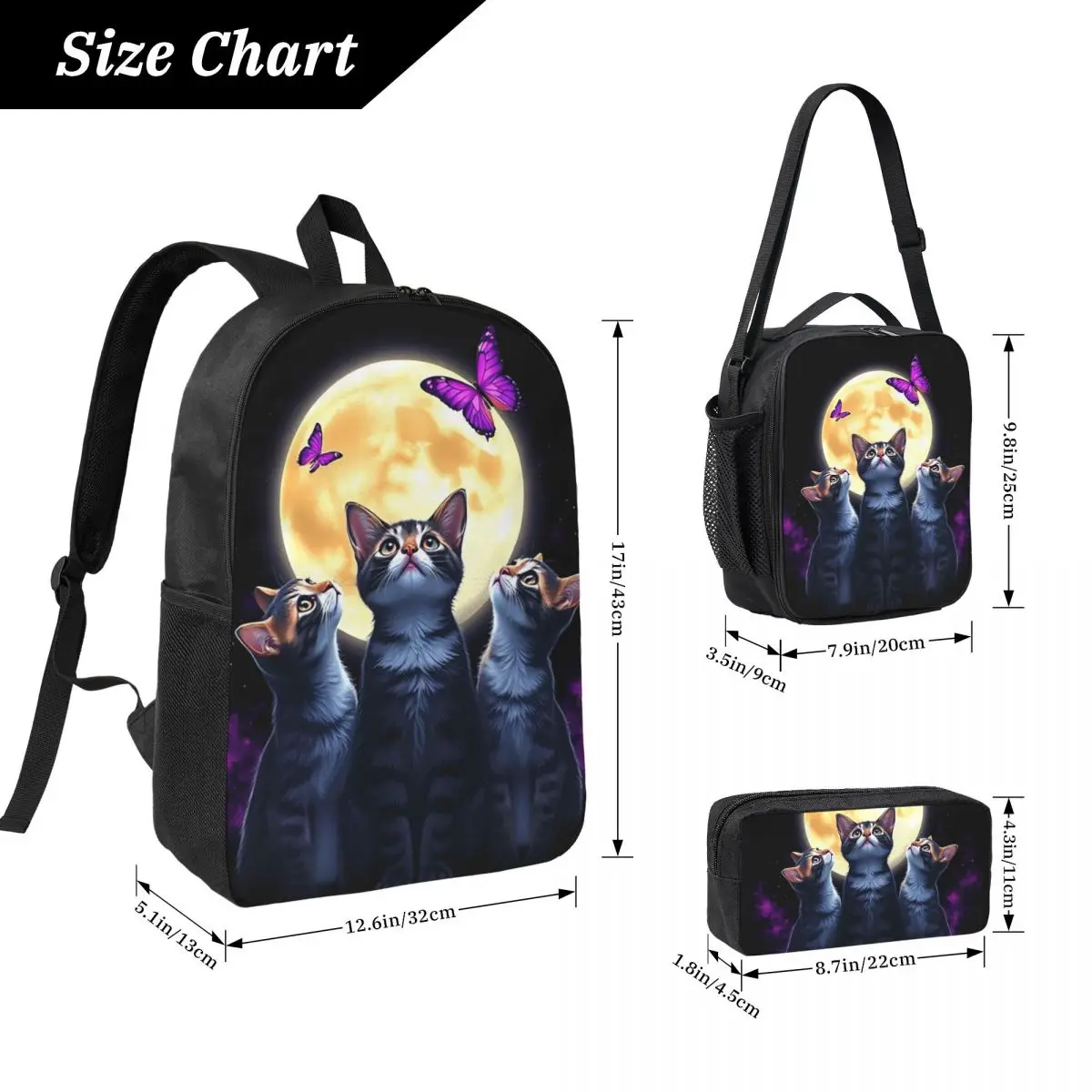 Cats Watching The Night View Of The Moon Backpack BookBag School Bag Laptop Shoulder Bags 3ps Insulated Lunch Bag Pencil Case