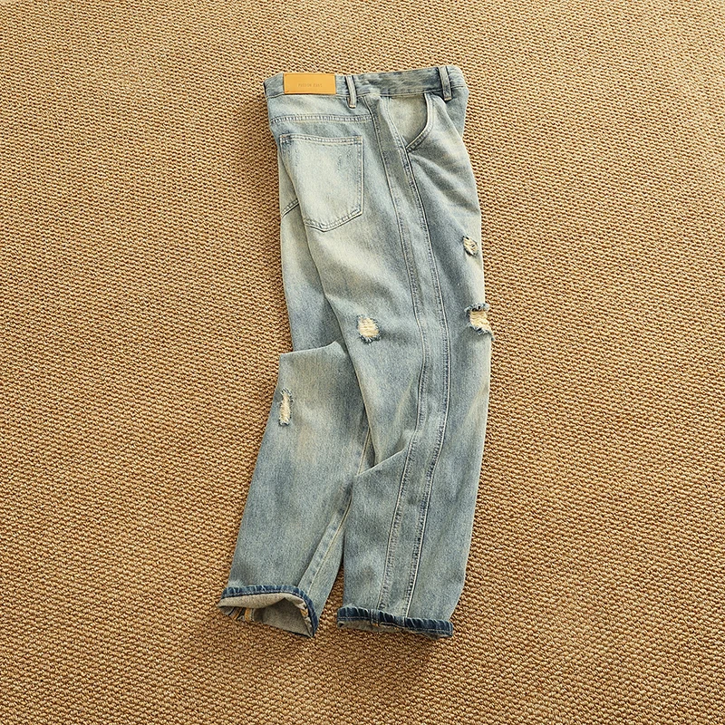 

Light blue retro washed ripped jeans Men's retro trend high street casual straight cone denim pants