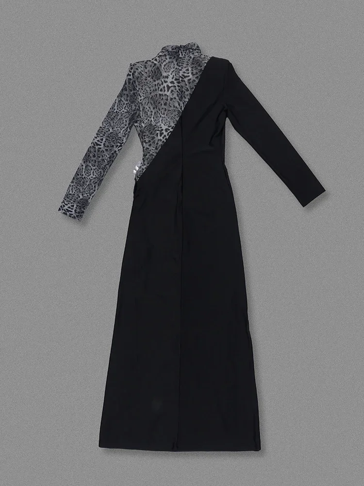Sexy Lange Ärmel Leopard Patchwork Blume Langes Kleid Frauen Schwarz Ausschnitt Diamanten Dünne Kleider Abend Party Kleider