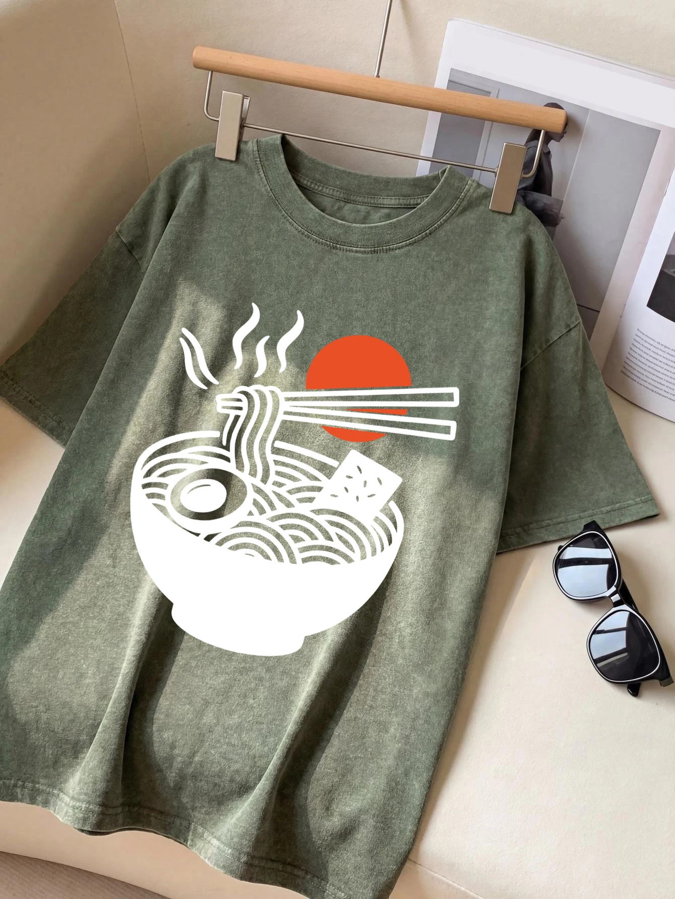 Steaming Lamian Noodles Design Retro T-Shirt Men Fashion Cotton Tee Sportwear O-Neck Clothing Washed Unisex Street T-Shirts