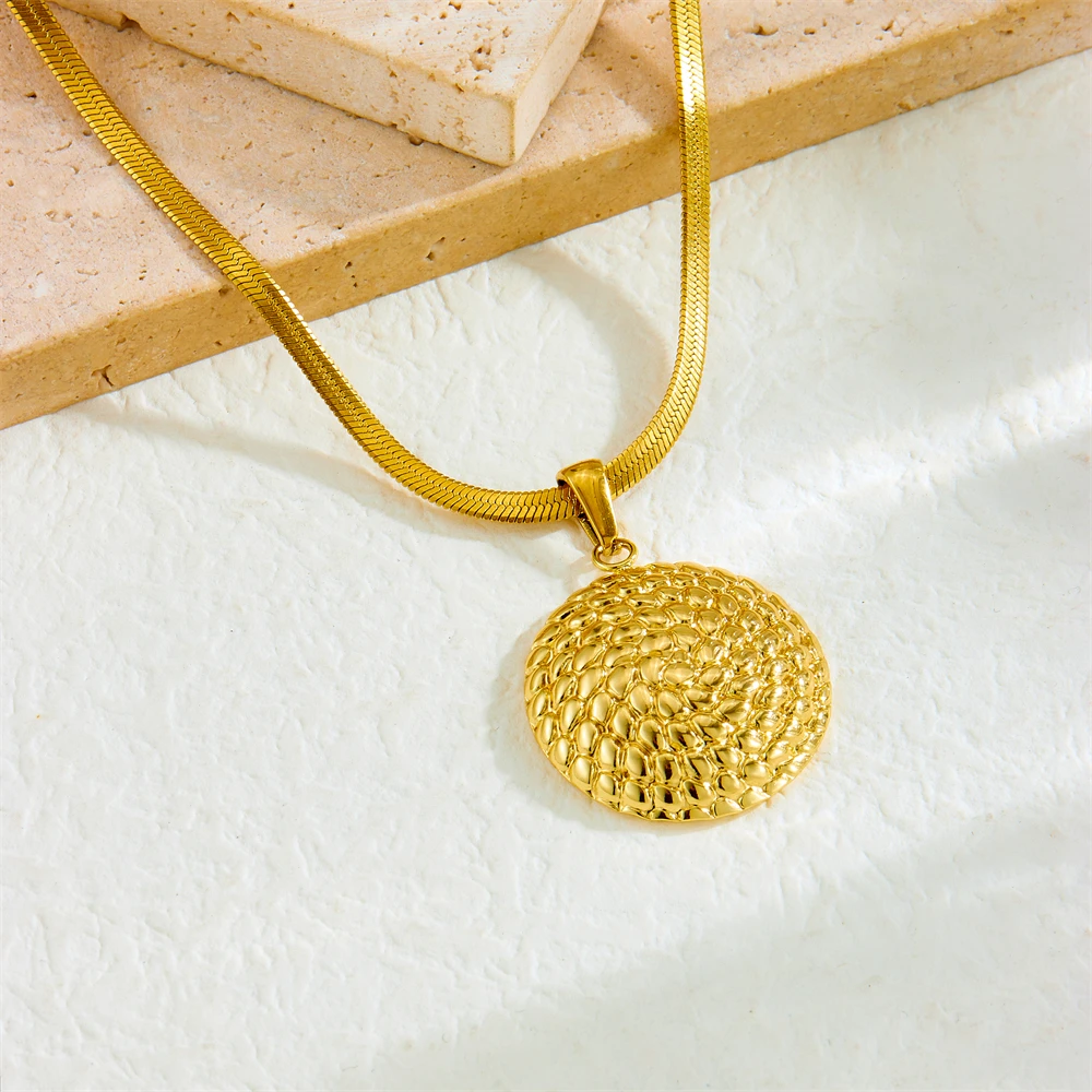 DIEYURO 316L Stainless Steel Golden Round Cushion Pendant Snake Bones Necklace Earrings Set For Womens New Fashion Jewelry Gift