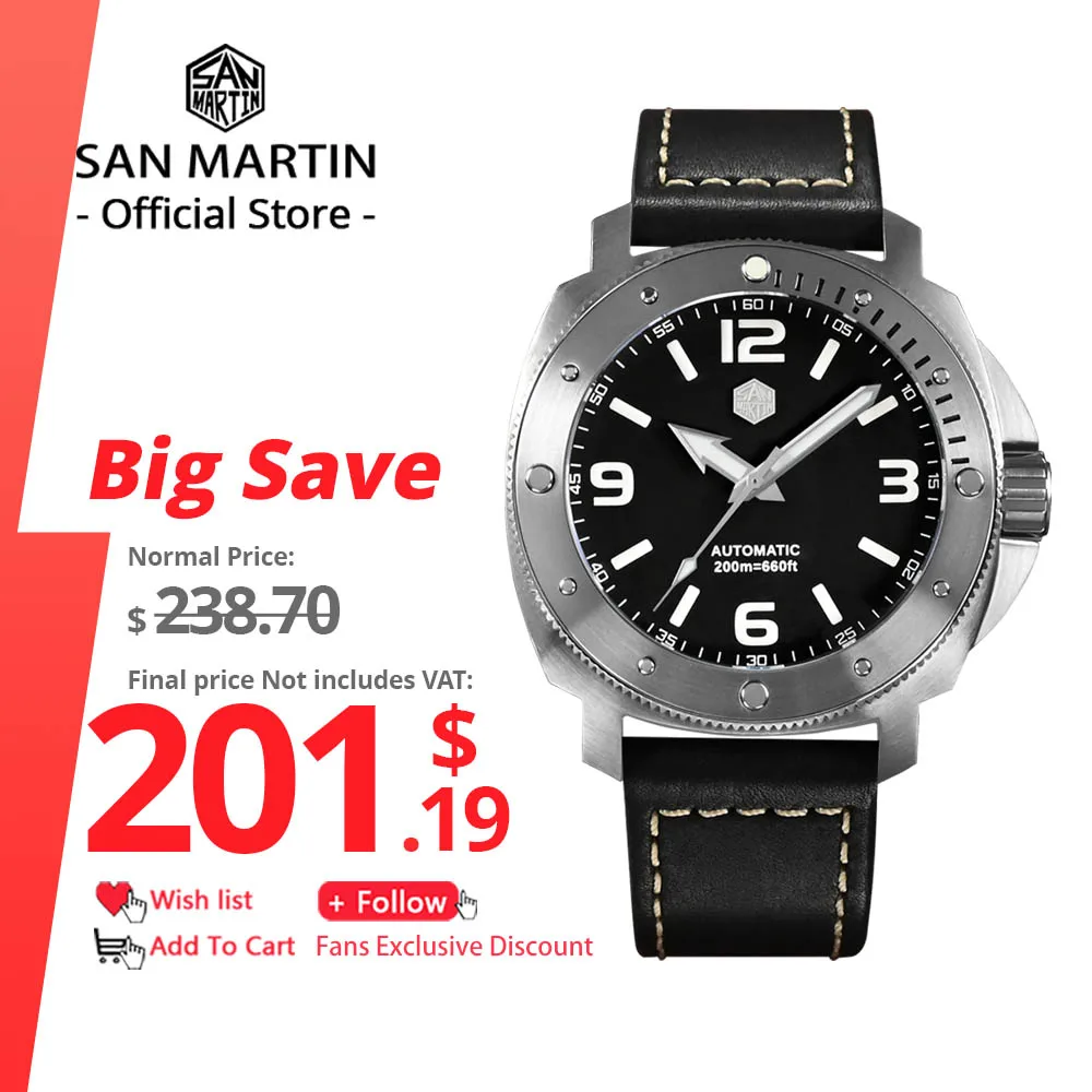 

San Martin Men's Watch 43mm Classic Luxury Outdoor Military Style Miyota 8315 Automatic Mechanical Sapphire 20 ATM BGW9 Luminous