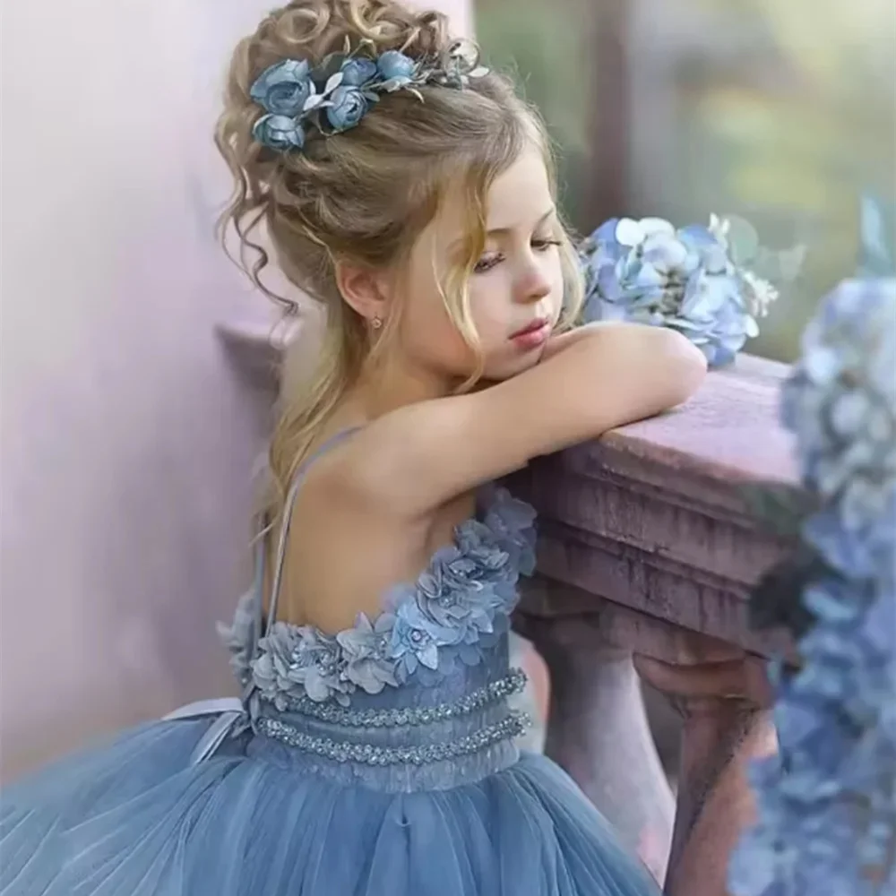 

Customized Blue Flower Girl Dress for Wedding Appliques Sleeveless High Waist Floor Length Kids Birthday First Communion Gown