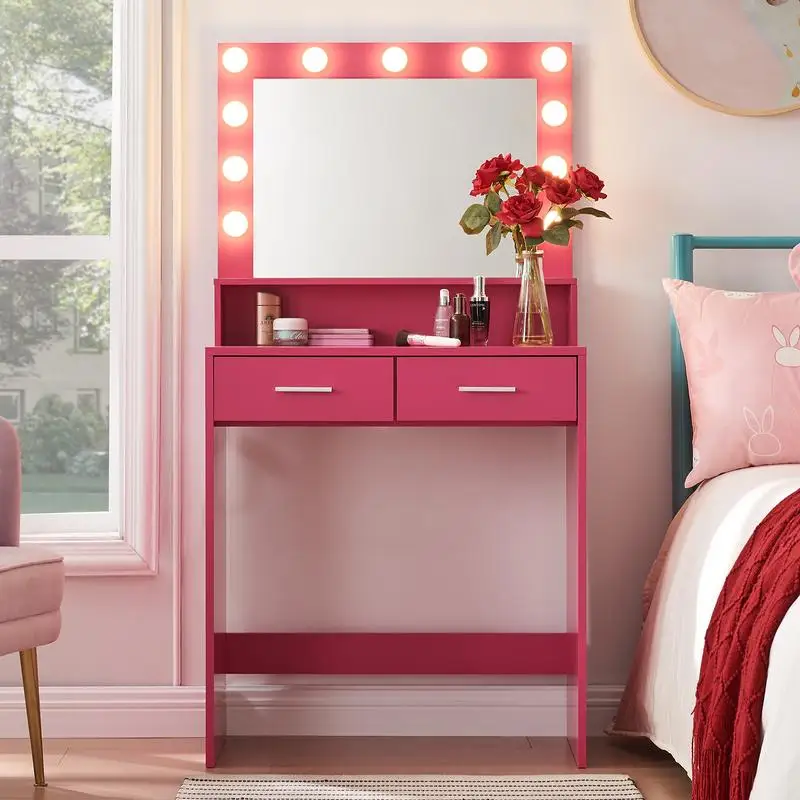 Vanity Desk with Mirror and Lights, Dressing Table with Large Drawer, 3 Lighting Modes Adjustable Brightness