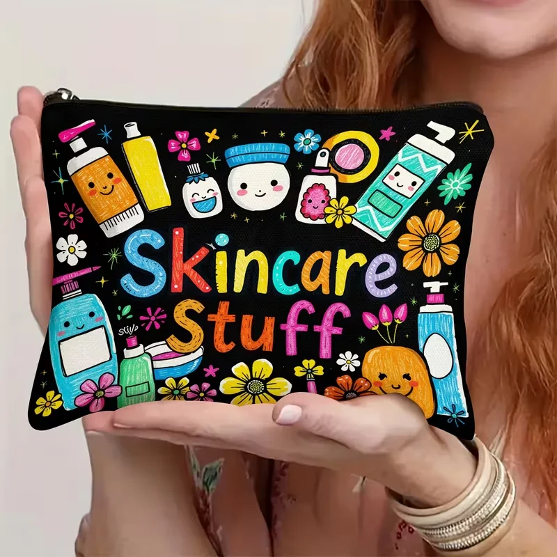 1pc Skincare Stuff Print Storage Bag,Tote Bag,Perfect for Daily, Travel, Skincare Storage, Fun Gift for Beauty & Skincare Lovers