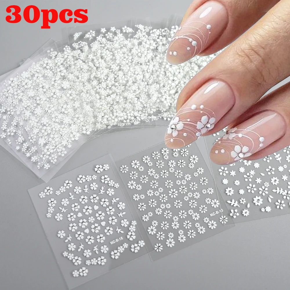 30Pcs 흰색 꽃 3D 네일 아트 스티커 봄 꽃 잎 자기 접착 데칼 꽃 꽃잎 DIY 슬라이더 매니큐어 장식