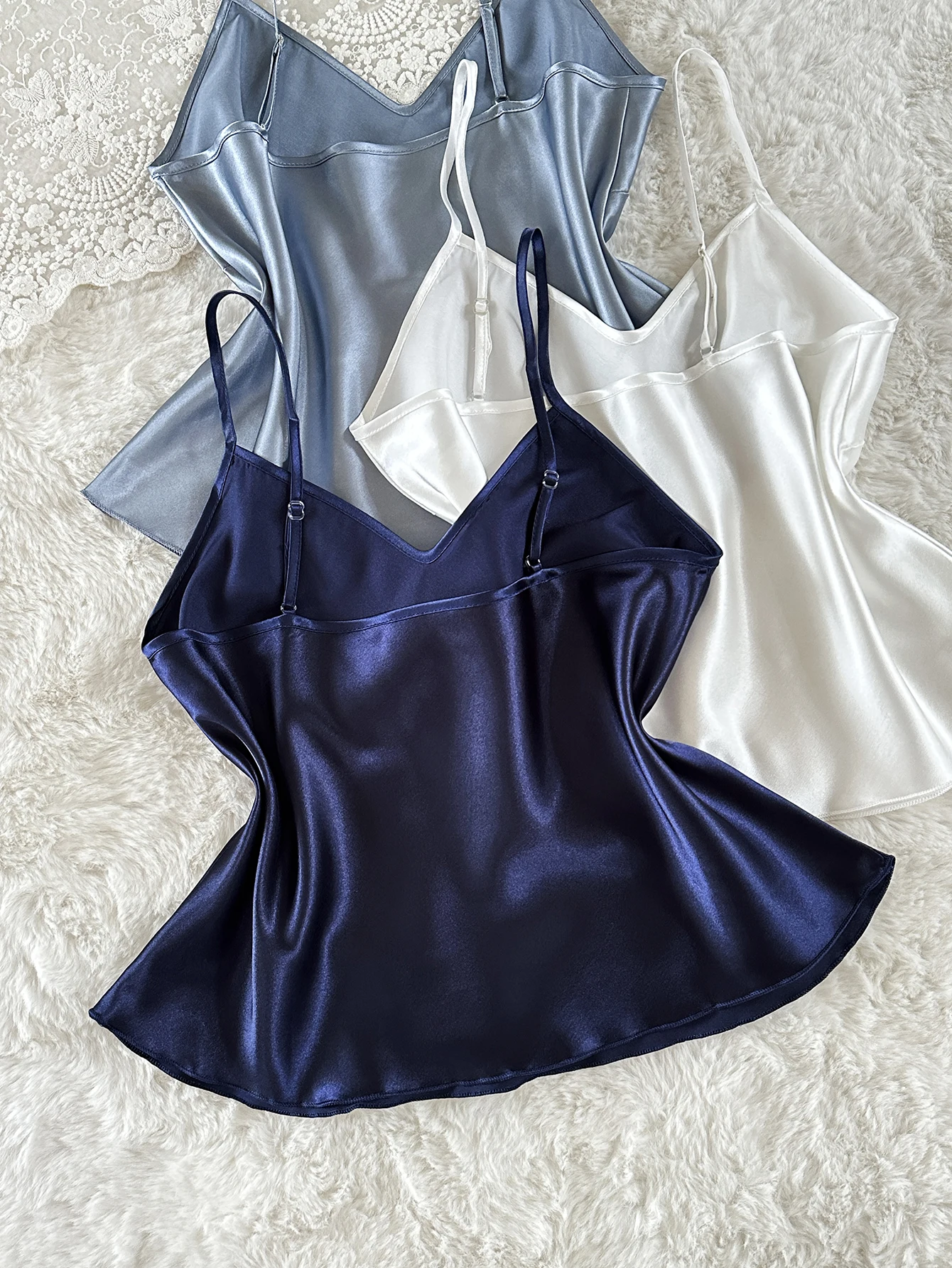 Women 3PCS Solid Color Pajamas V Neck Spaghetti Strap Sleeveless Slip Top Elegant Ladies Sleepwear Set for Home or Da