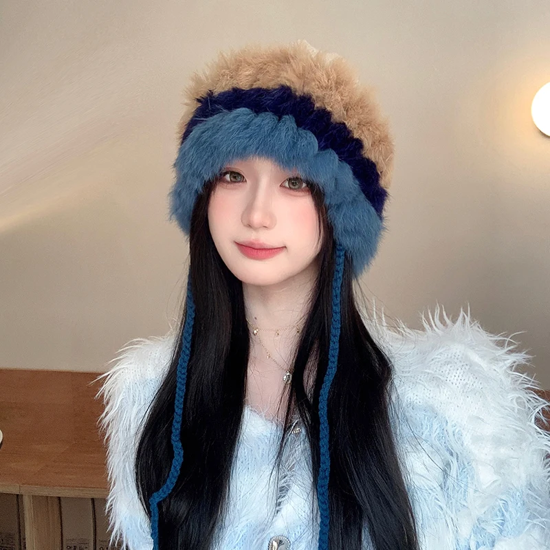 Fashion Assorted Colors Knit Rabbit Fur Hat Women Winter Beanie Warm Sweet Pullover Cap