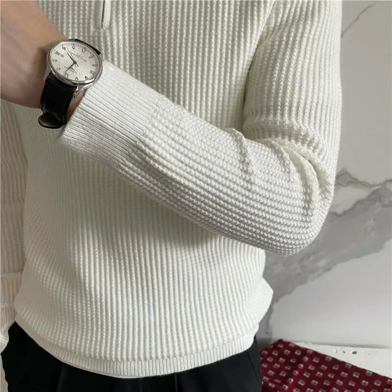 Men's long sleeve semi-zipper polo neck cashmere sweater with waffle fabric slim solid color sweater