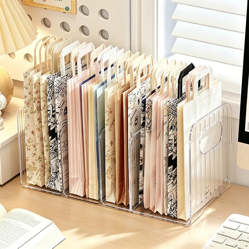 Transparent 4‑Compartment Desktop Book Holder, Multi‑Grid File Organizer, Clear Magazine Book Stand for Desk Office Study Storag