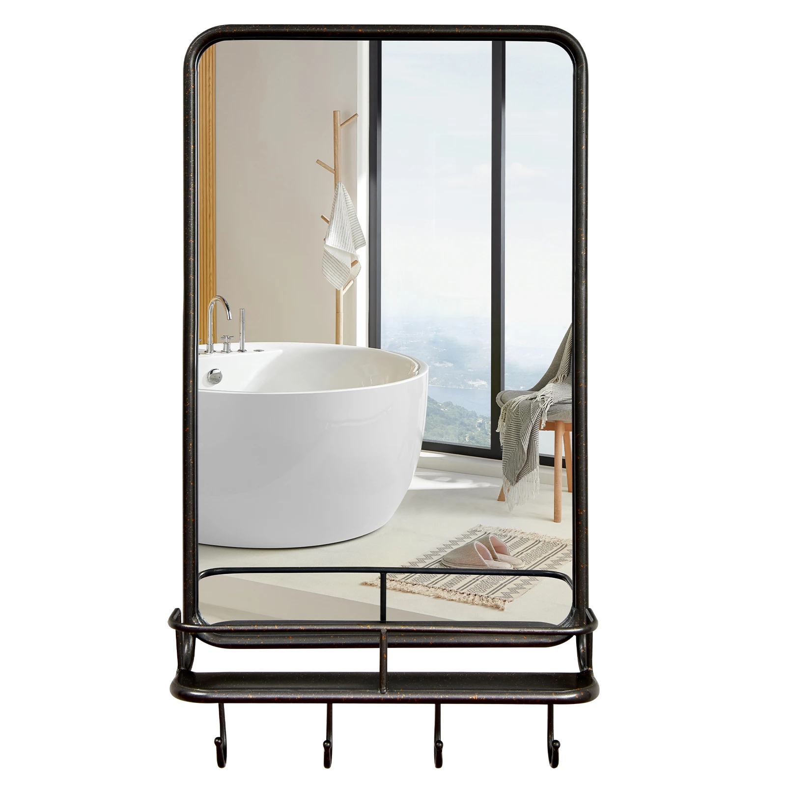 GOFLAME Bathroom Mirror w/ Shelf & 4 Hooks, 84 cm x 48 cm Rectangle Vanity Mirror w/ Sturdy Metal Frame & Round Corner