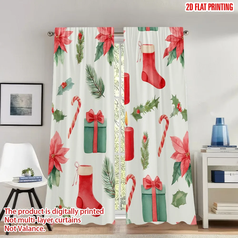 

2pcs 2D flat printing Christmas Hot Curtains Christmas Poinsettia Holly Candle_a Digital Printed Polyester Drapes Family Party