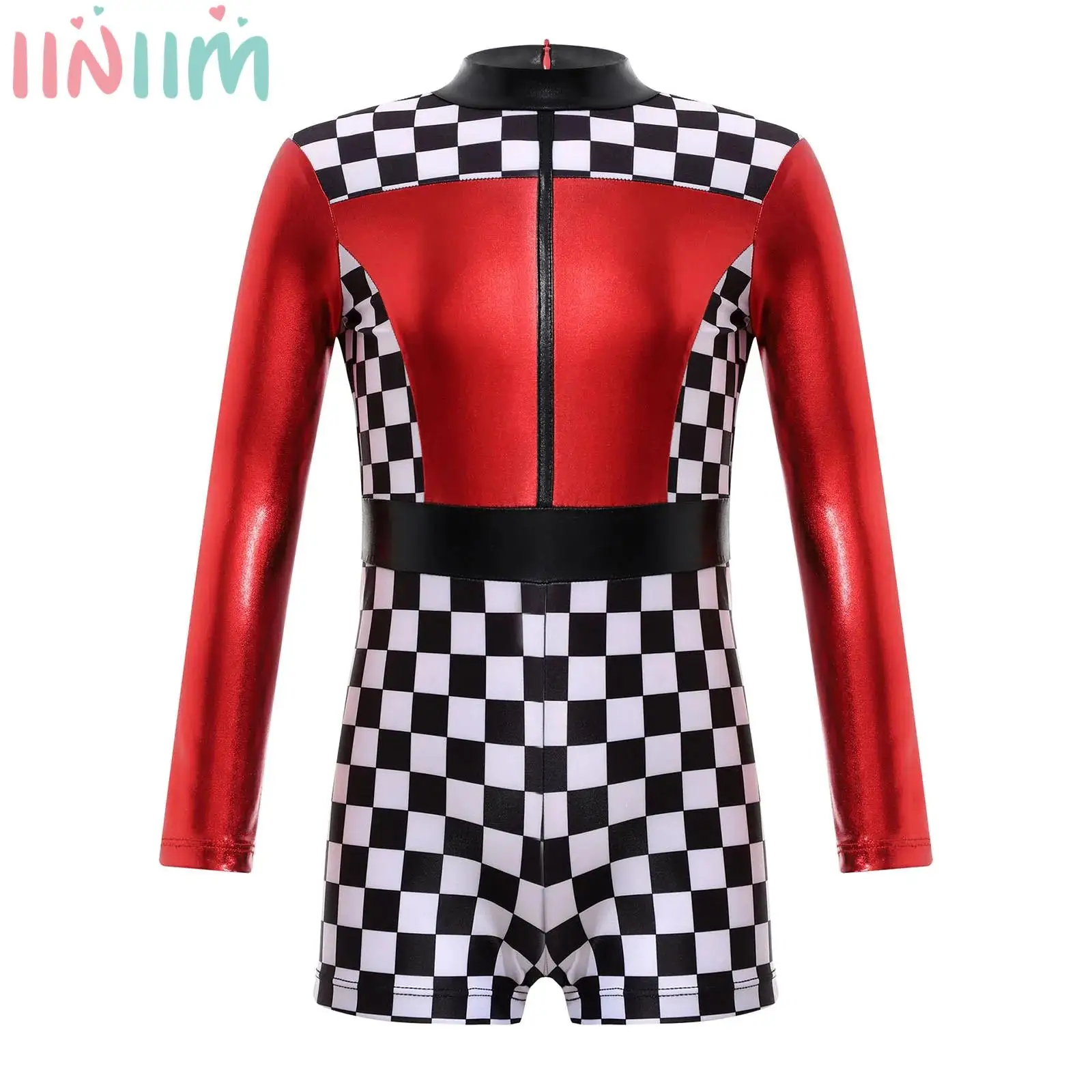 

Костюм гоночного автомобиля для девочек, короткий комбинезон с длинным рукавом и шахматным принтом на молнии сзади, костюм для косплея на Хэллоуин