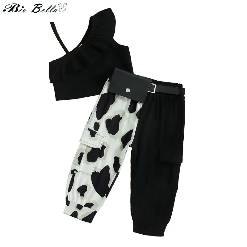 Infant Kids Baby Girl’s 2pcs Clothes Set Sleeveless Black Straped Tops with Polka Dot Black Long Pants