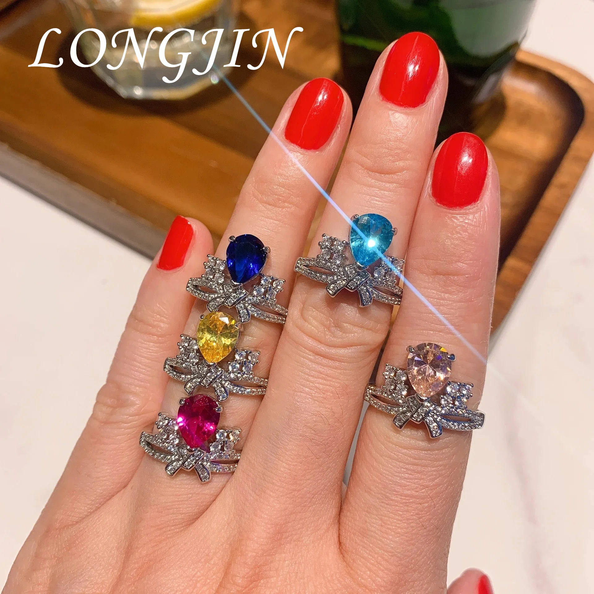 

Luxury Sapphire Ruby Aquamarine Topaz Bowknot Crown New Summer Product Adjustable Ring Women Cubic Zircon Party Wedding Jewelry