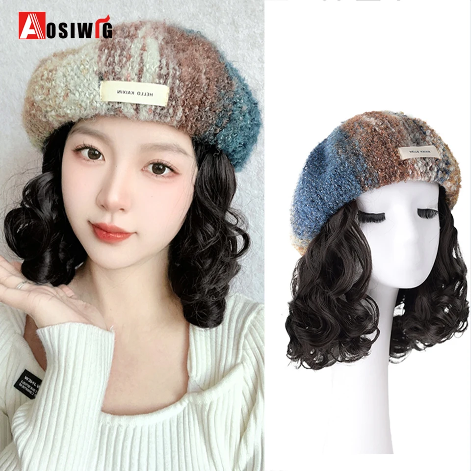 Hat Wig Synthetic Short Curly Wavy Hair Wigs With Hat Berets Cap Wig Hair Extension Black Brown Wig Cap Heat Resistant