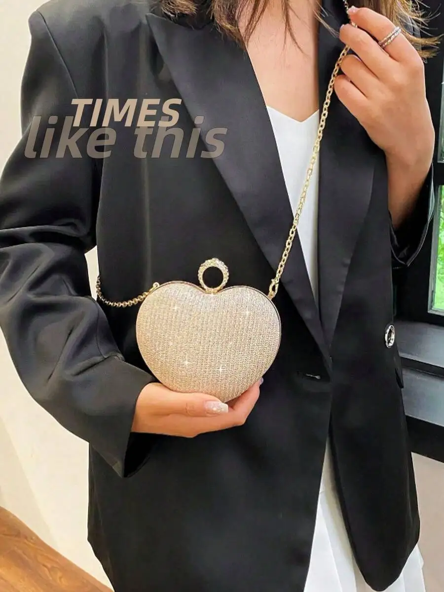 

Elegant Heart-Shaped Crystal-Embellished Evening Clutch For Women, Chain Strap Crossbody Purse, Valentine’s Day & Formal