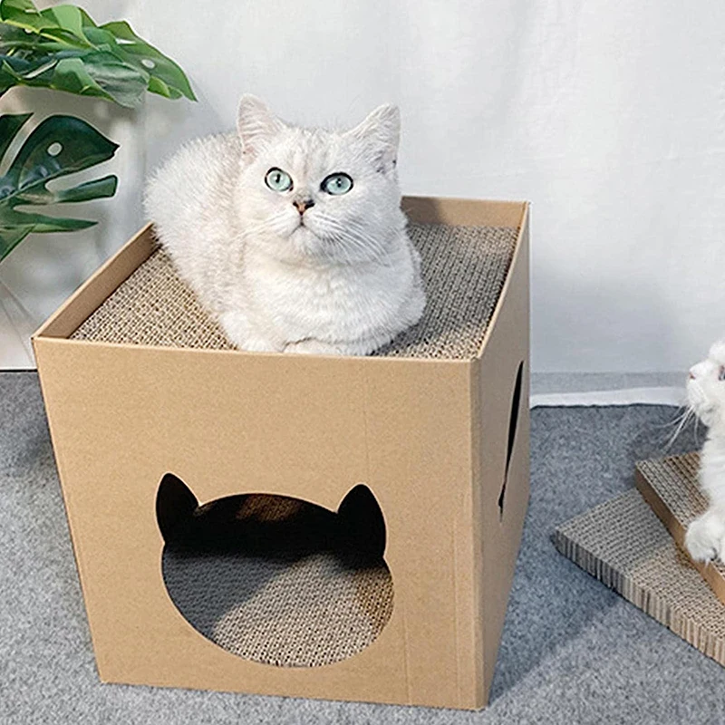 Cardboard Scratch House - Cat Scratch Box Cat Playhouse Cat Scratcher Cat And Kitten Scratch Toy Universal