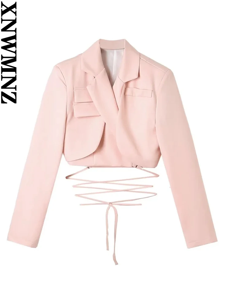 

XNWMNZ Women's Fashion 2023 Crop Tie Blazer Women Vintage Lapel Long Sleeve High Street Versatile Female Outerwear Chic Tops