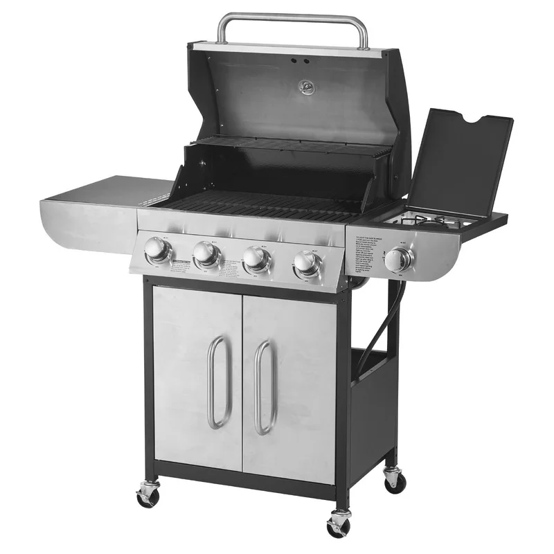 

4-Burner Propane Gas Grill with Side Burner, 425 sq in Grilling Area, Carbon Steel Enamel Grates, 52,000 BTU, Stainless Steel, Two Side Shelves
