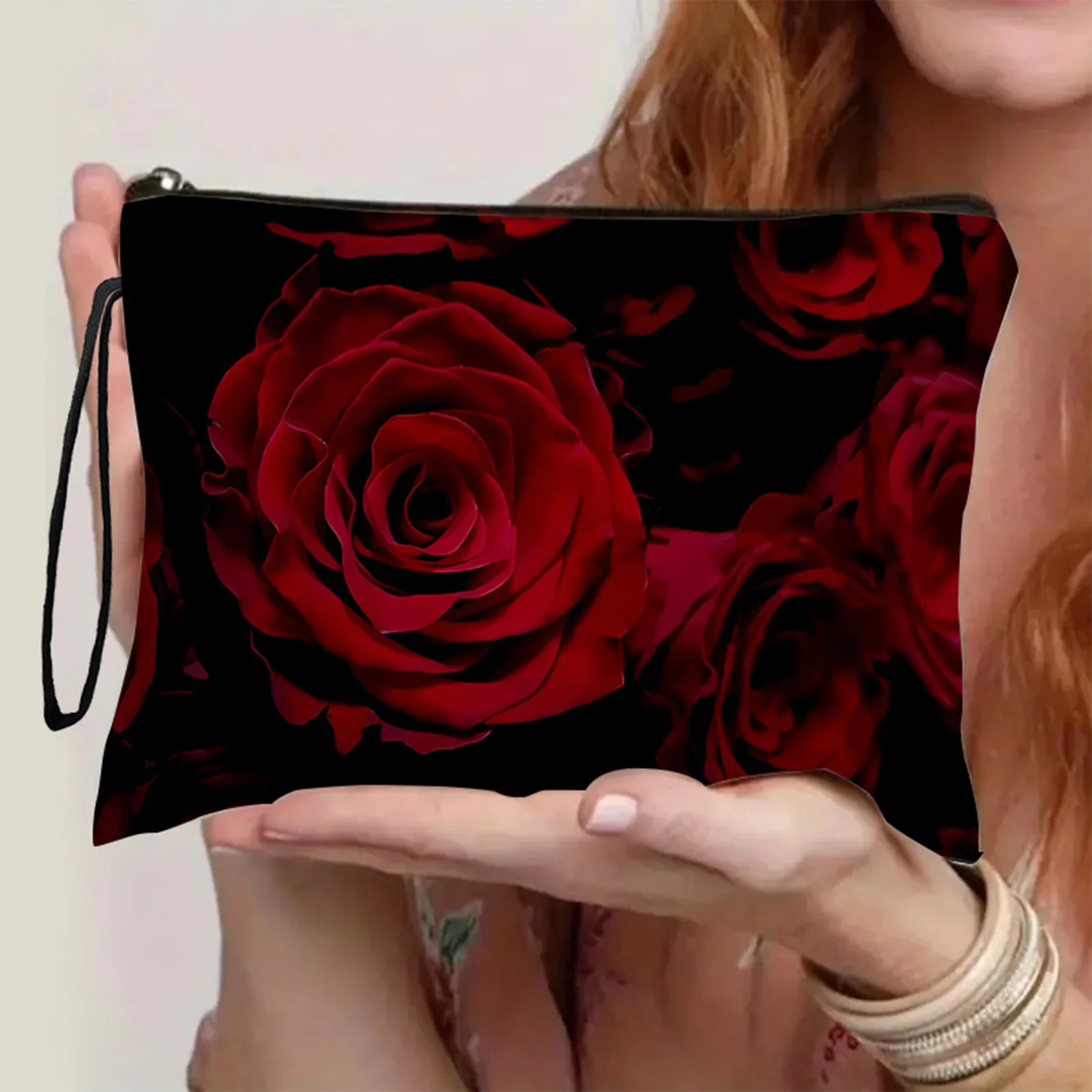 Bolsa de almacenamiento de maquillaje de viaje, organizadores de maquillaje de flores negras de mano, lápiz labial para mujer, monedero, regalo del Día de San Valentín