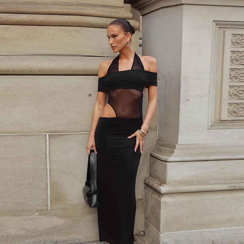 Street Style Backless Halter Neck Straight Dress 2026 Summer Sexy Black Slim Hollow Out Dresses Streetwear Pleated Long Dress