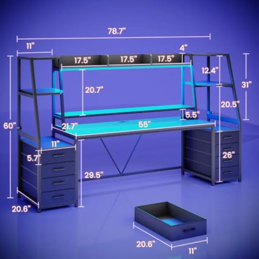 Gaming Desk with LED Lights, 8 Drawers and Storage Shelves for Home Office Use, Engineered Wood in Black, RGB Customizable Ligh
