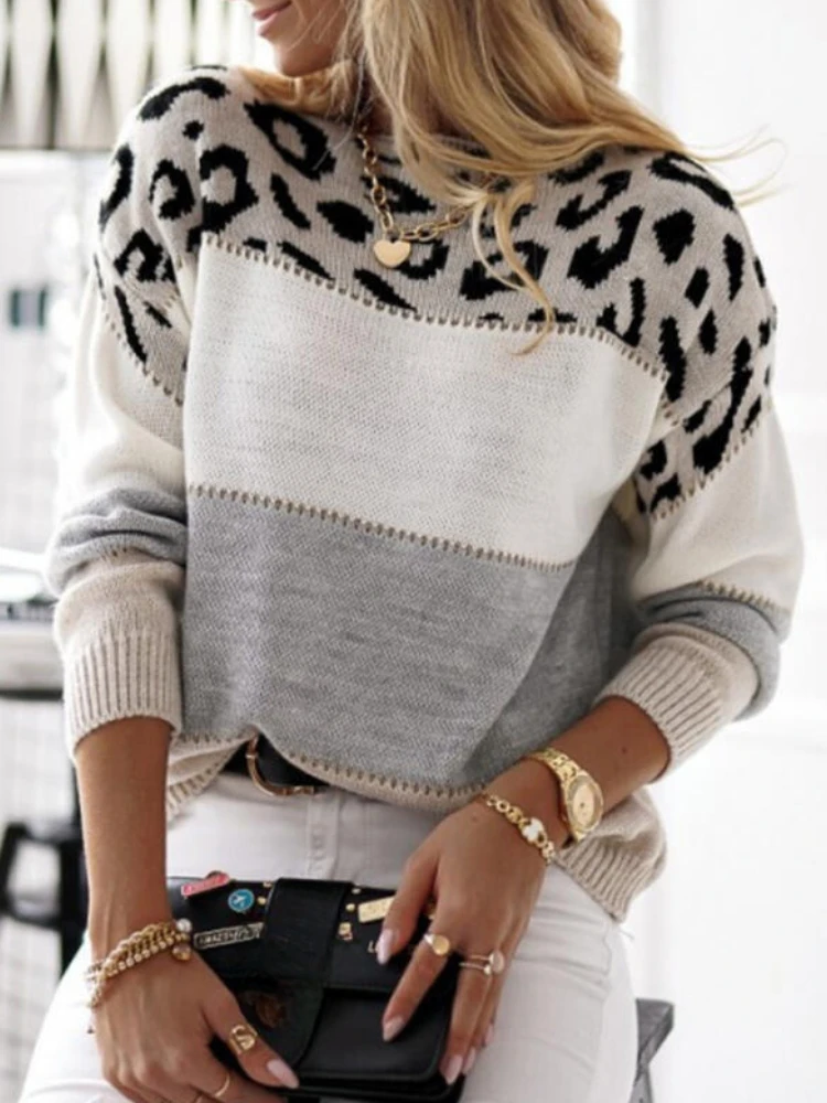 Women's Leopard Print Color Block Knitted Sweater Casual Crewneck Pullover Long Sleeve Fall Winter Fashion Streetwear Loose Fit