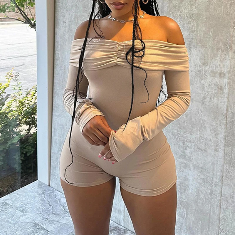 

OMSJ Women's Slash Neck Backless Romper Sexy Casual Long Sleeves Tight Fit Folds Hipster Playsuit Elastic Active Jumpsuit Shorts