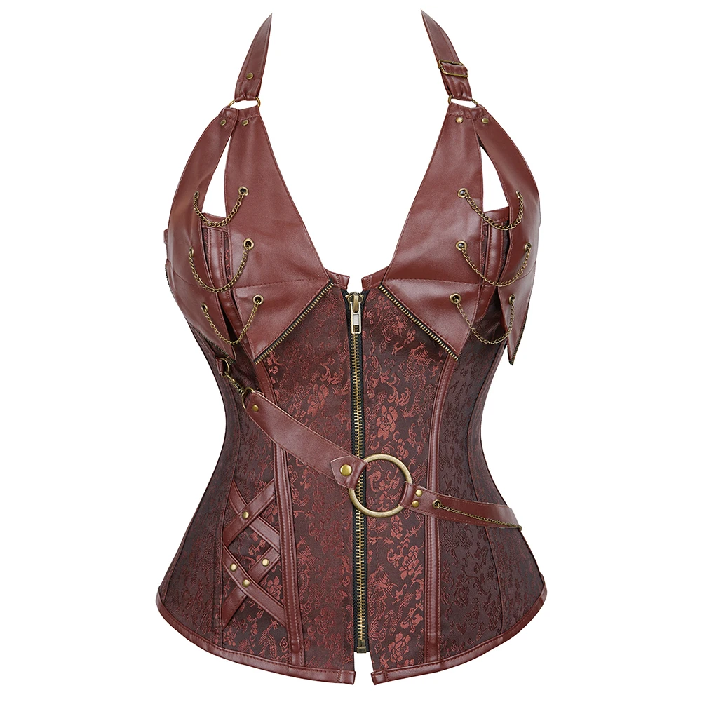 

Women Steampunk Faux Leather Corset Vest Burlesque Zipper Vintage Corsets Bustiers Gothic Halter Pirate Clubwear Plus Size S-6XL