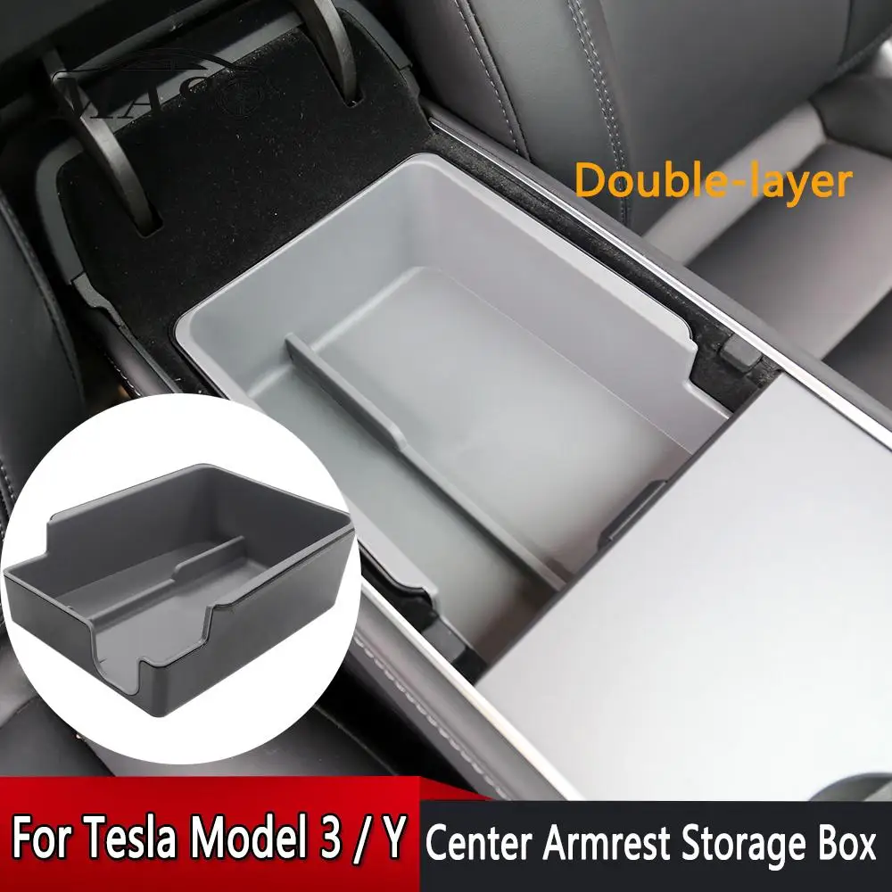 

Rear Central Console Armrest Storage Box for Tesla Model 3 / Y 2017-2023 Double-layer Center Armrest Hidden Box