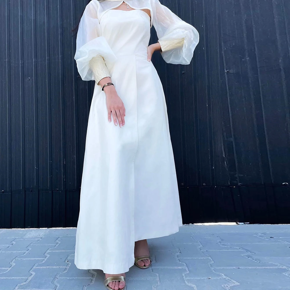 

Simple White Jersey Strapless Puff Sleeves A-Line Evening Dress Ankle Length Long Sleeves Classic pleats for Women Custom Size