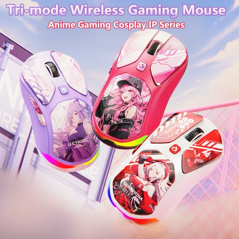 Ratón inalámbrico Tri-mode para juegos de Anime, Cosplay, Bluetooth + 2,4G, inalámbrico, ergonómico, definición Macro, programación, ratones de dibujos animados