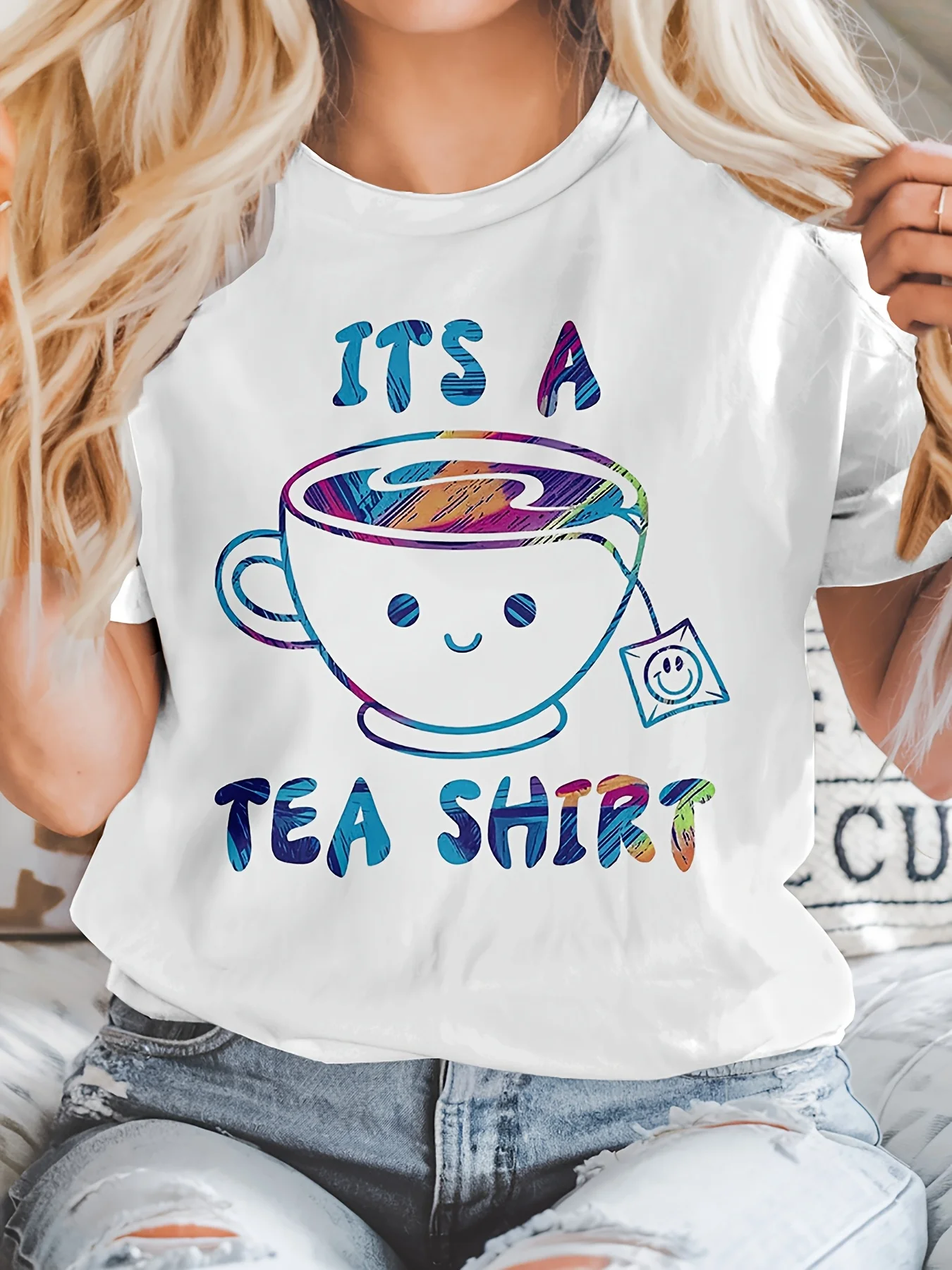 

Plus - Size Women's White Short - Sleeve T - shirt, “IT'S A TEA SHIRT” & Cute Teacup Print, Quirky & Fun