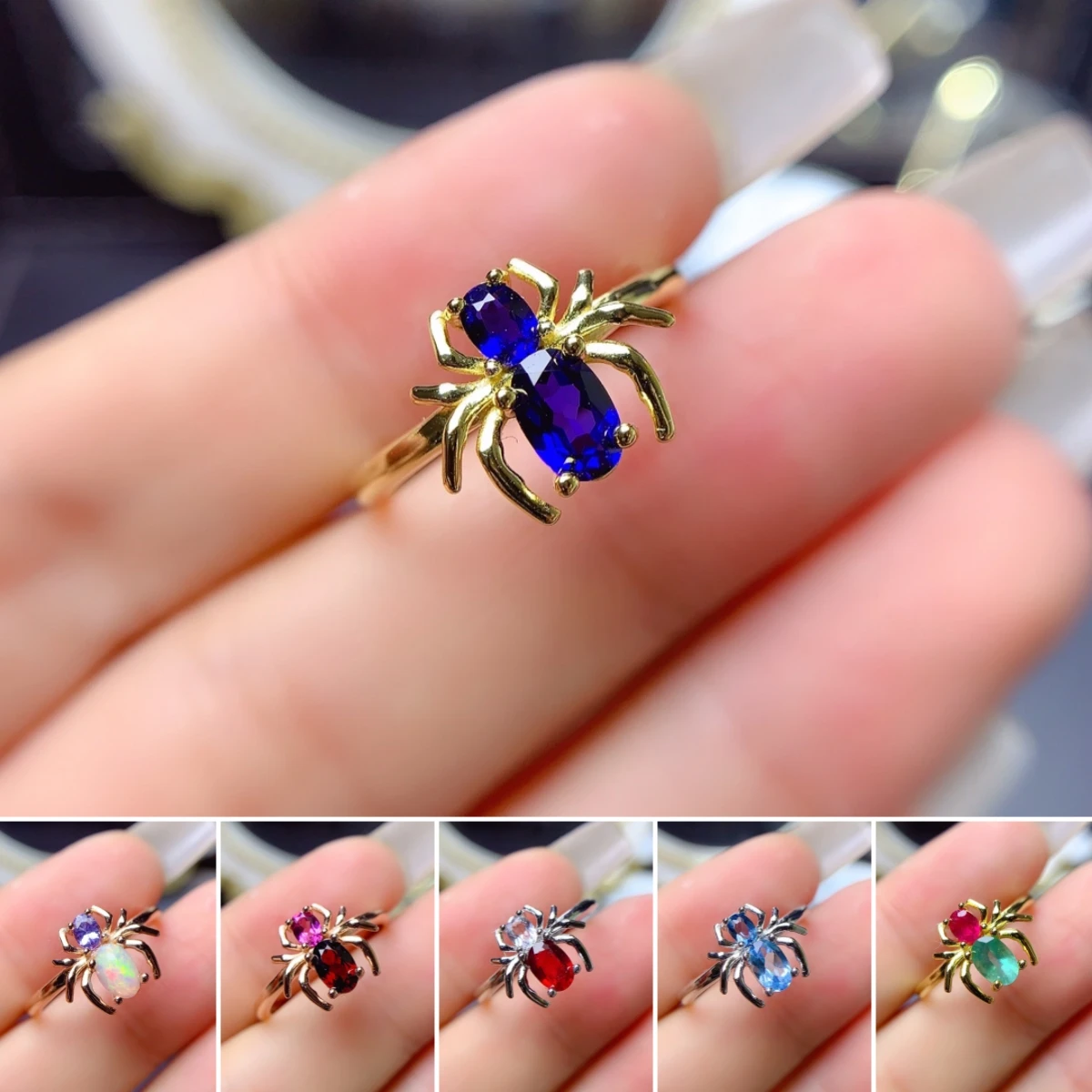 

FS S925 Sterling Silver Inlay Natural Sapphire/Emerald/Amethyst/Opal Spider Ring Fine Fashion Weddings Jewelry for Women MeiBaPJ