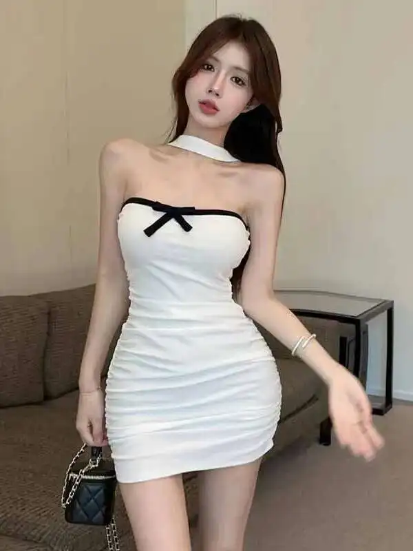 

Summer Women 2024 Pure Desire Sexy Hanging Neck Backless Bow Cinching Waist Wrap Hip White Slim Strapless Short Dress 7B6F