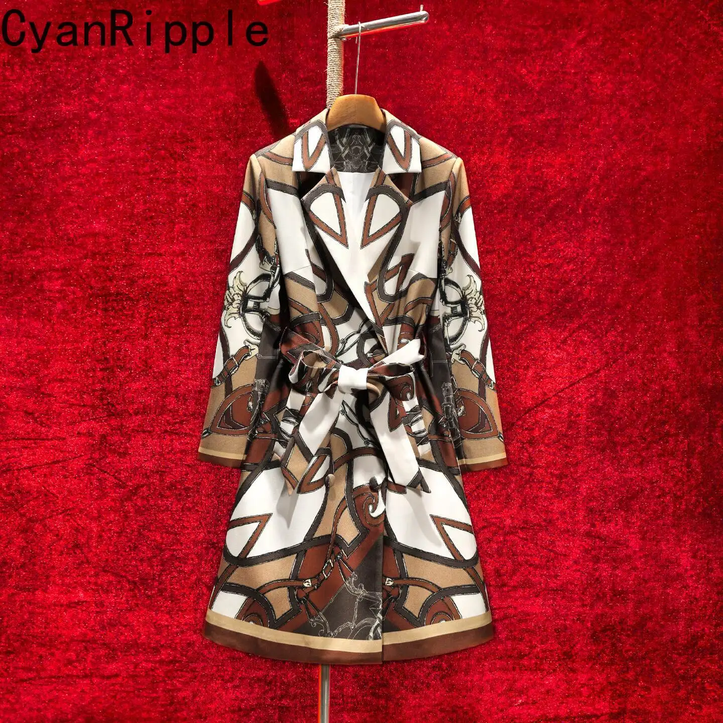 High Quality Vintage Geometry Printed Mid-long Female Windbreaker Trendy New Spring Autumn Double-breasted Slimming Trench Coat