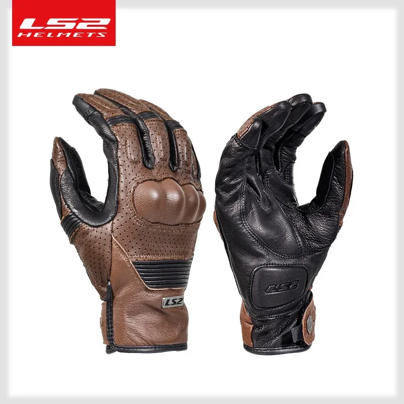 LS2 Summer Motorcycle Gloves MG020 Men Perforated Moto Leather Gloves Vintage Brown Black Goatskin Motorbike Gloves CE Certified