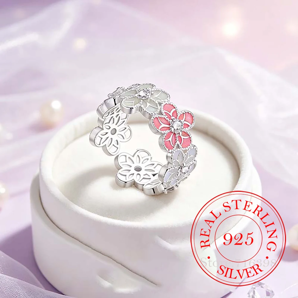 925 Sterling Silver Jewelry Luxury Zircon Crystal Pink Flower Finger Rings for Women Wedding Party Jewelery Girls Friends Gift