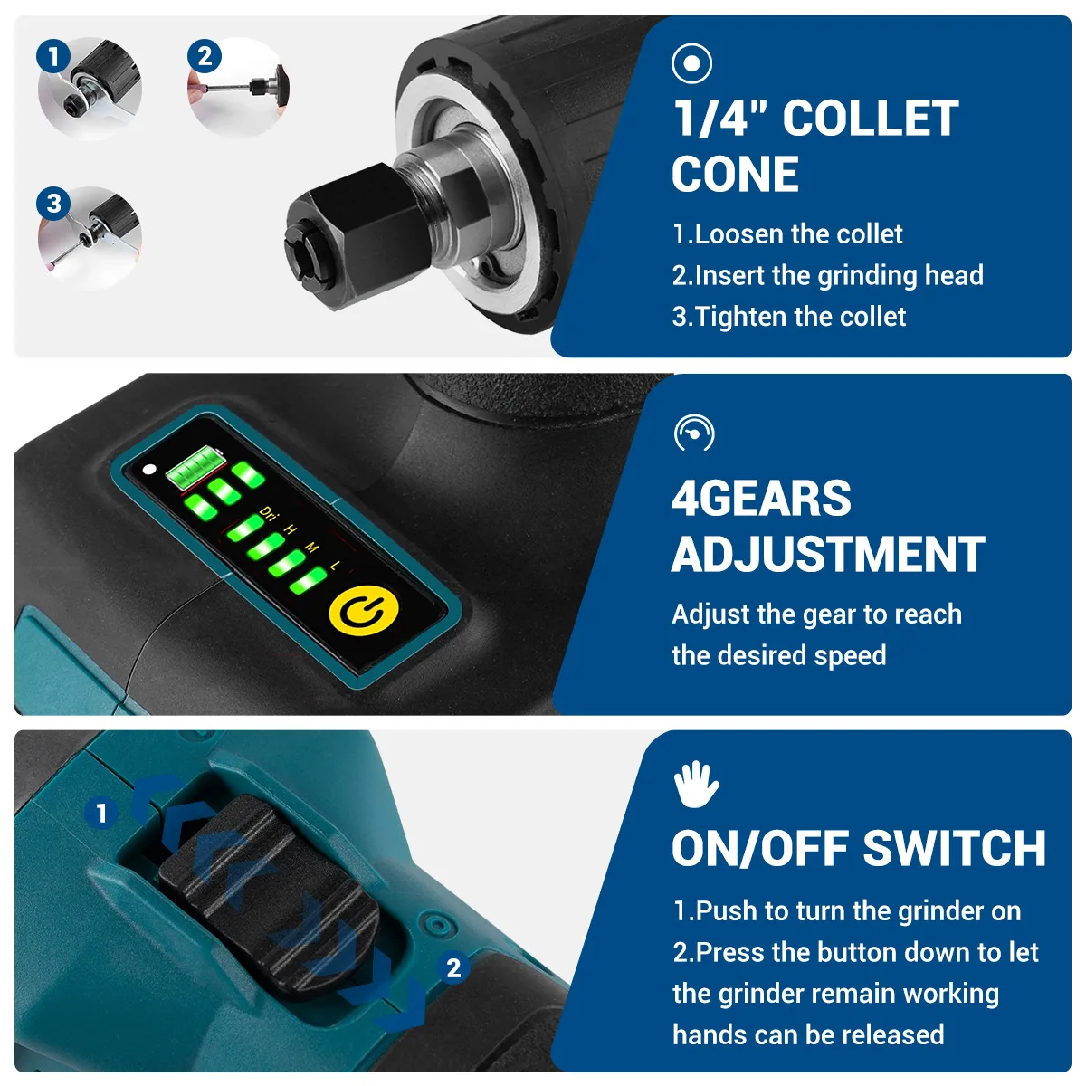 Drillpro 38mm 2000w moedor de ângulo sem escova sem fio elétrica polimento máquina moagem 35000rpm moedor para makita 18v bateria
