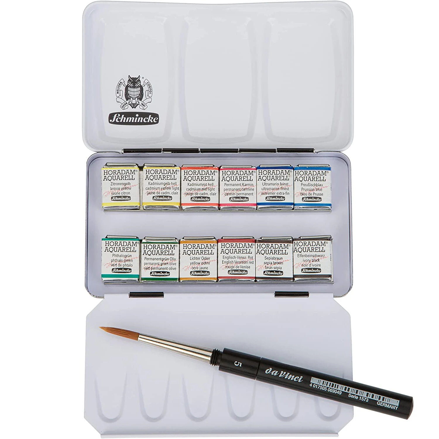 Schmincke 12 Color x 1/2 Pans Professional Painter Watercolor Solid Paints With DaVinci No.5 Paint Brush Artists Watercolors Set