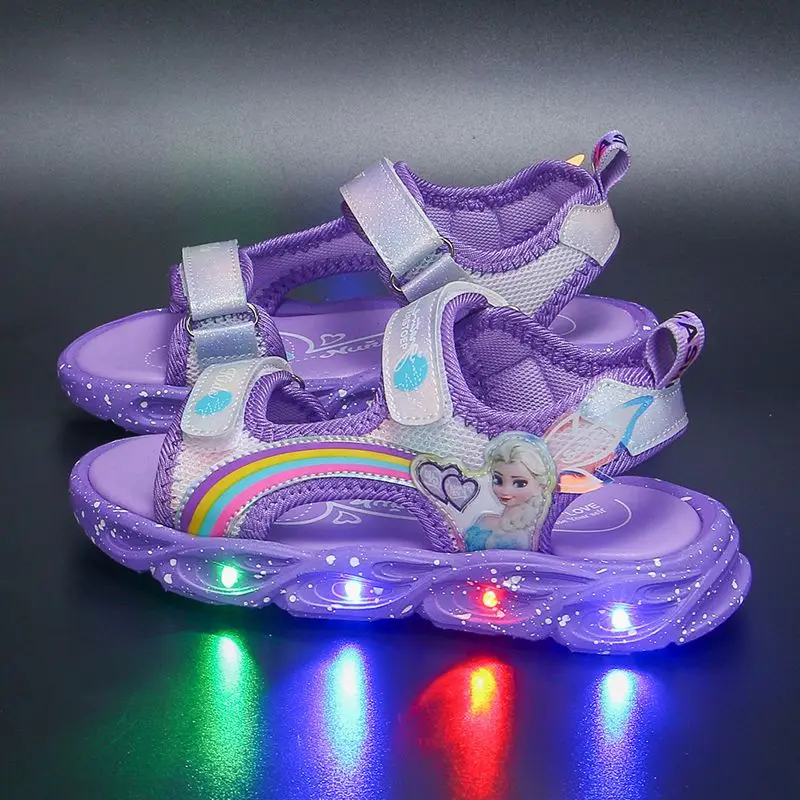 Disney-zapatos informales con luces Led para niña y mujer, sandalias de princesa Elsa, zapatos de playa rosa, talla 22-37