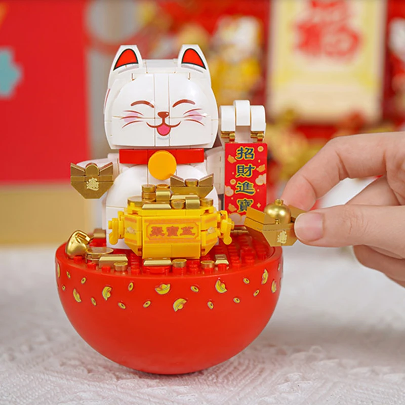 Lucky Cat Building Block Set Chinese Style New Year Building Blocks Assembled Home Decor Birthday Christmas Gift Toys for Kids