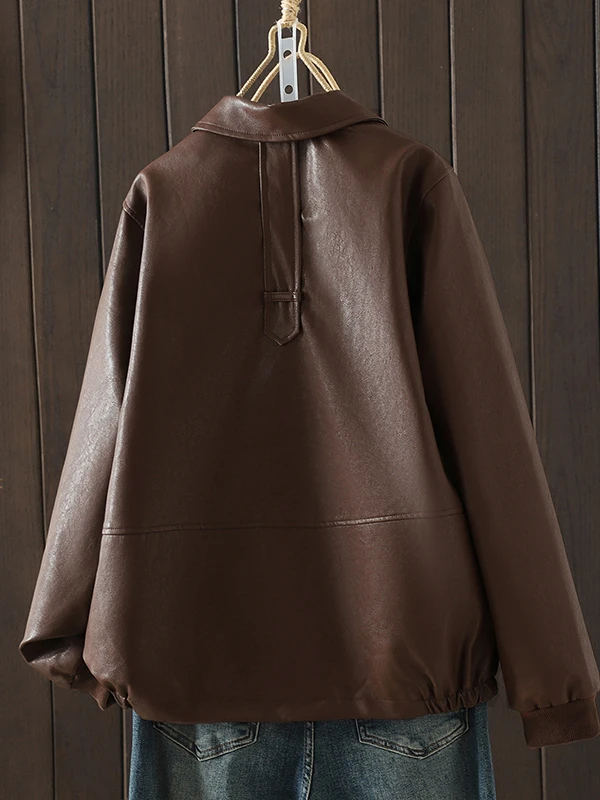 クールレザー ジャエット レディース ソフトPU ブラウン フリップカラーコート 秋 ファッション 小さいサイズ ブラレザー アウターウェア ロングスリーブ