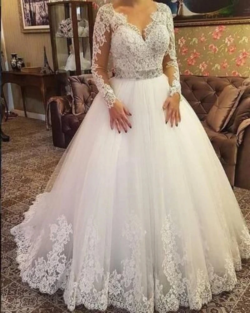 ANGELSBRIDEP Ball Gown Long Sleeves Wedding Dresses Vestido De Noiva Luxury Applique V-Neck Bride Dress Formal Bridal Gown HOT