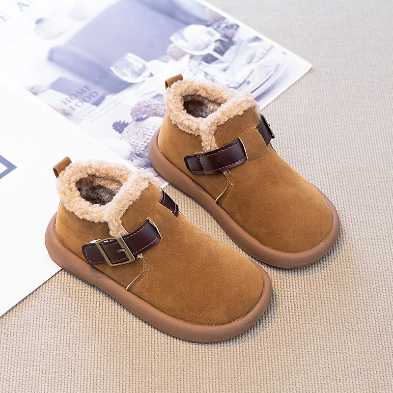 Kids Winter Furry Trim Casual Shoes Boys Girls Suede Like Upper Hook and Loop Warm Plush Lining Soft Sole Children Daily Shoes
