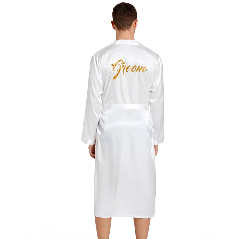 Wholesale Men\'s V Neck Satin Robe Kimono Long Bathrobe Groom Gold Glitter Nightgown Lightweight Sleepwear for Wedding Party T129