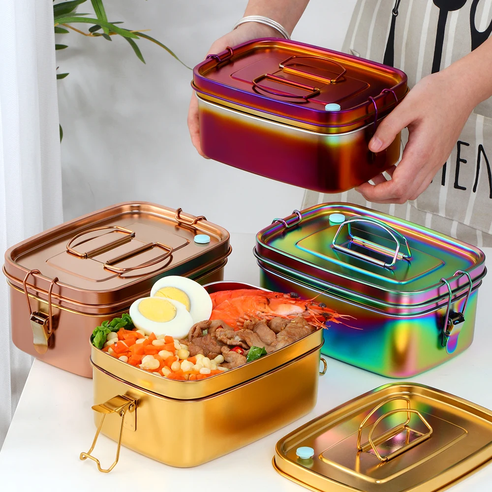 1.5L 304 Stainless Steel Lunch Box Double Layers Bento Food Container Snack Storage Thermal Metal Box Stock Dinnerware